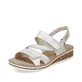 Silberne Rieker Keilsandaletten V3666-60 mit einem Klettverschluss. Schuh seitlich schräg.