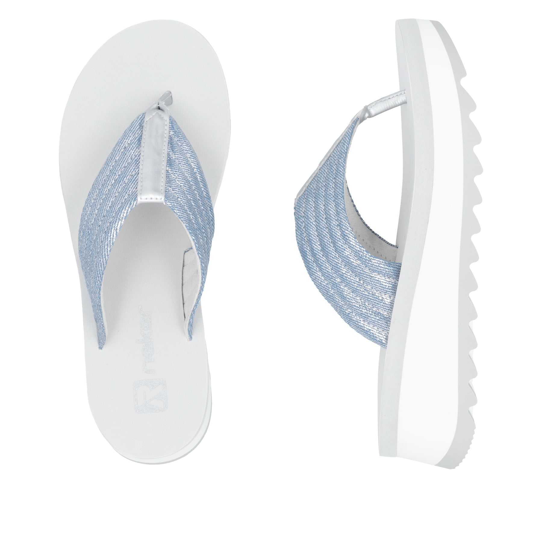 Blaue vegane Rieker Damen Zehentrenner W3054-14 mit leichter und griffiger Sohle. Schuh von oben, liegend.