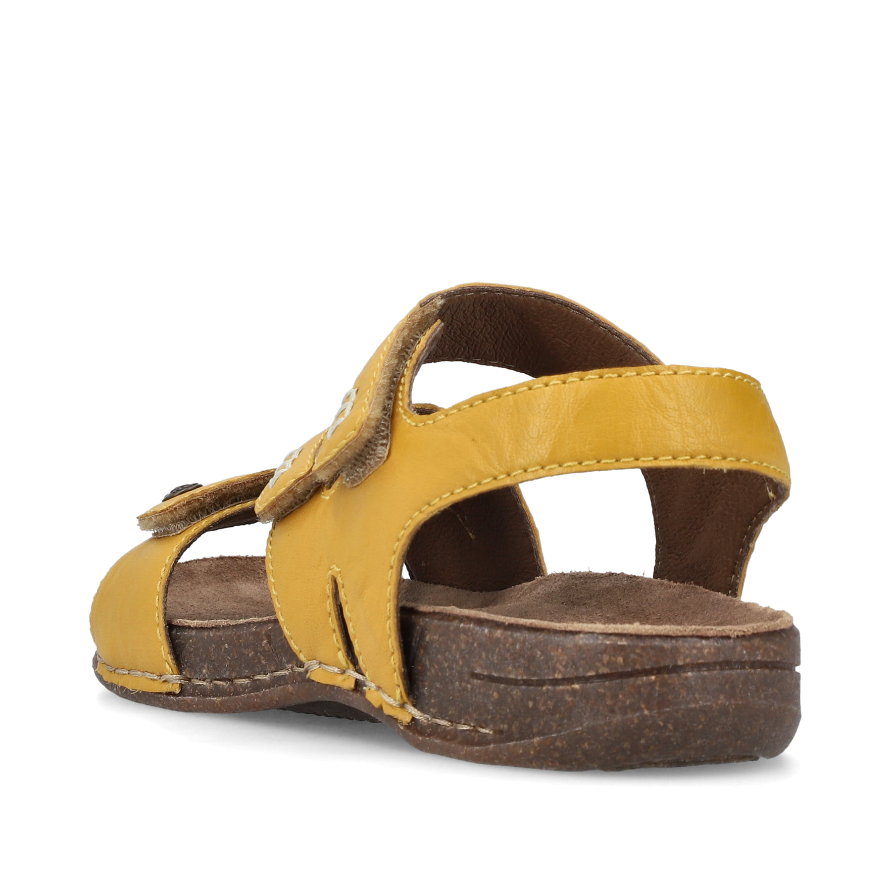 Gelbe Rieker Damen Riemchensandalen 61402-69 mit einem Klettverschluss. Schuh von hinten.