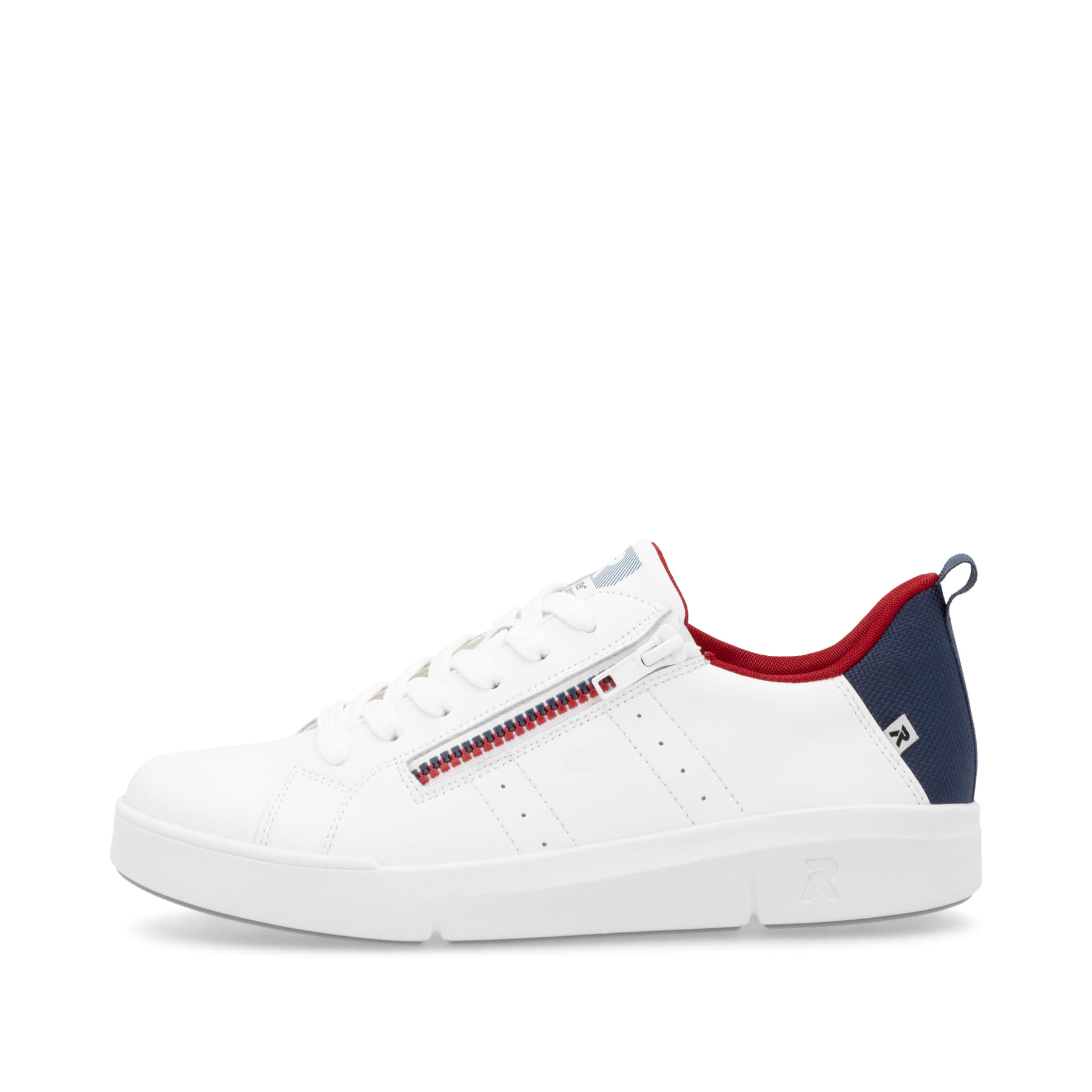 Weiße Rieker Damen Sneaker Low 41906-80 mit Reißverschluss sowie flexibler Sohle. Schuh Außenseite.