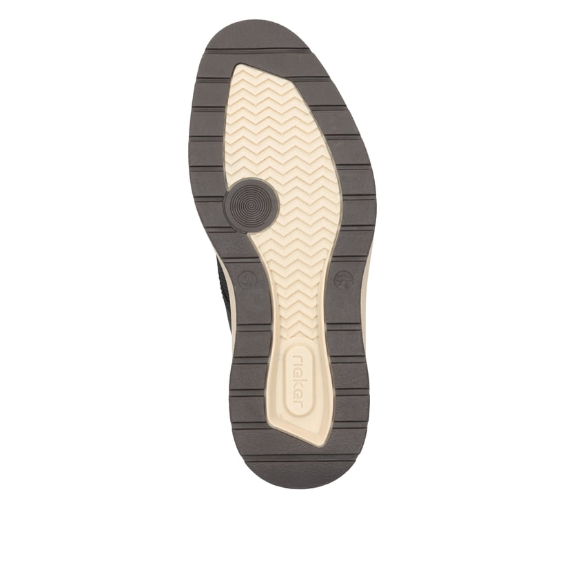 Mocassins Rieker noirs pour homme 14750-00 avec bande élastique. Semelle extérieure de la chaussure.