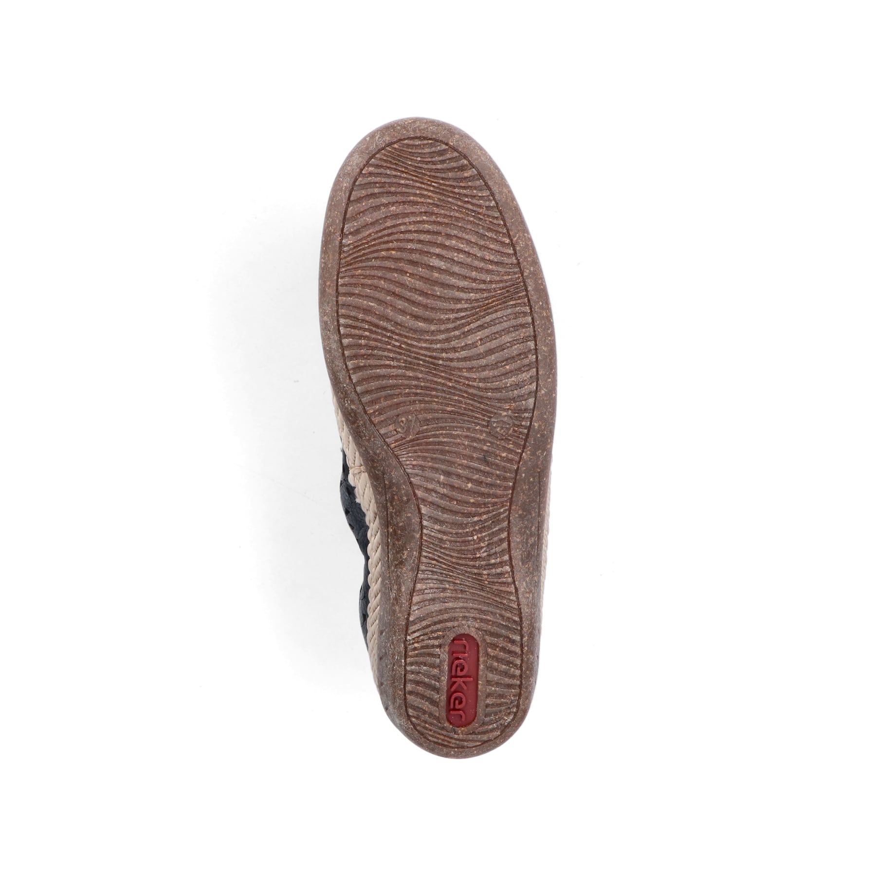 Blaue Rieker Damen Slipper 47666-14 in Löcheroptik mit einem Gummizug. Schuh Laufsohle.