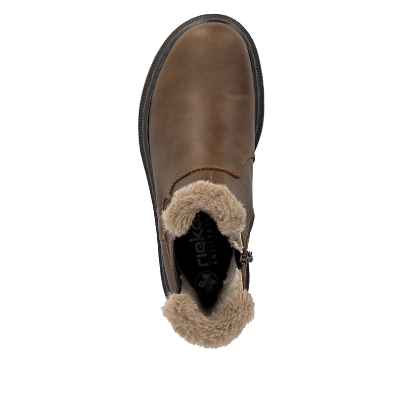 Dunkelbraune Rieker Damen Chelsea Boots 78250-22 mit Fellschaftrand. Schuh Laufsohle.