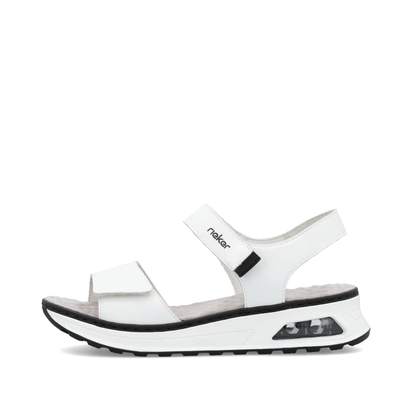 Weiße Rieker Keilsandaletten 65663-80 mit Rieker Air Sohlenfenster. Schuh Außenseite.