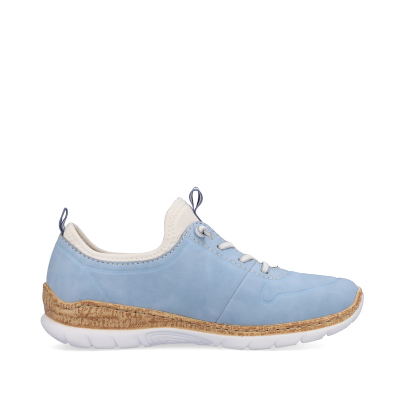 Himmelblaue Rieker Damen Slipper N4285-10 mit einer Gummischnürung. Schuh Innenseite.
