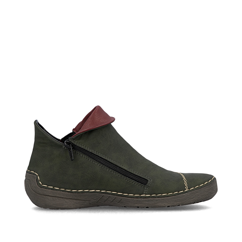 Grüne Rieker Damen Kurzstiefel 72581-54 mit bunten Details sowie Reißverschluss. Schuh Innenseite.