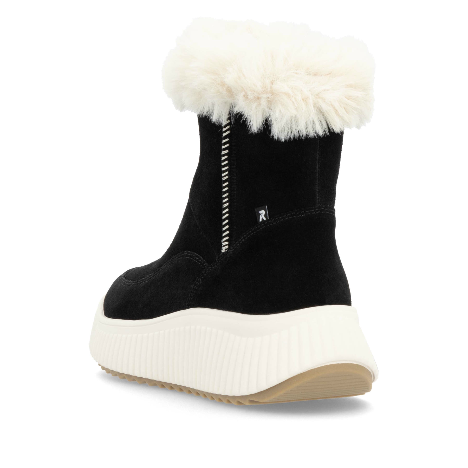 Schwarze Rieker Damen Kurzstiefel W1772-00 mit einer super leichten Plateausohle. Schuh von hinten.