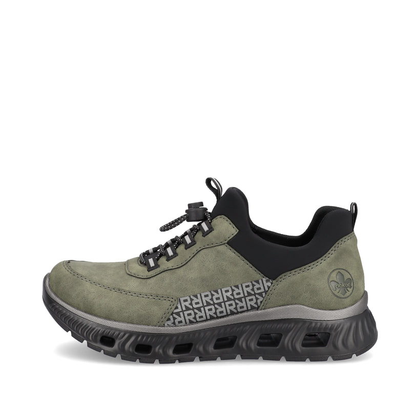 Grüne Rieker Damen Slipper M6058-54 mit einer ultra leichten und flexiblen Sohle. Schuh Außenseite.