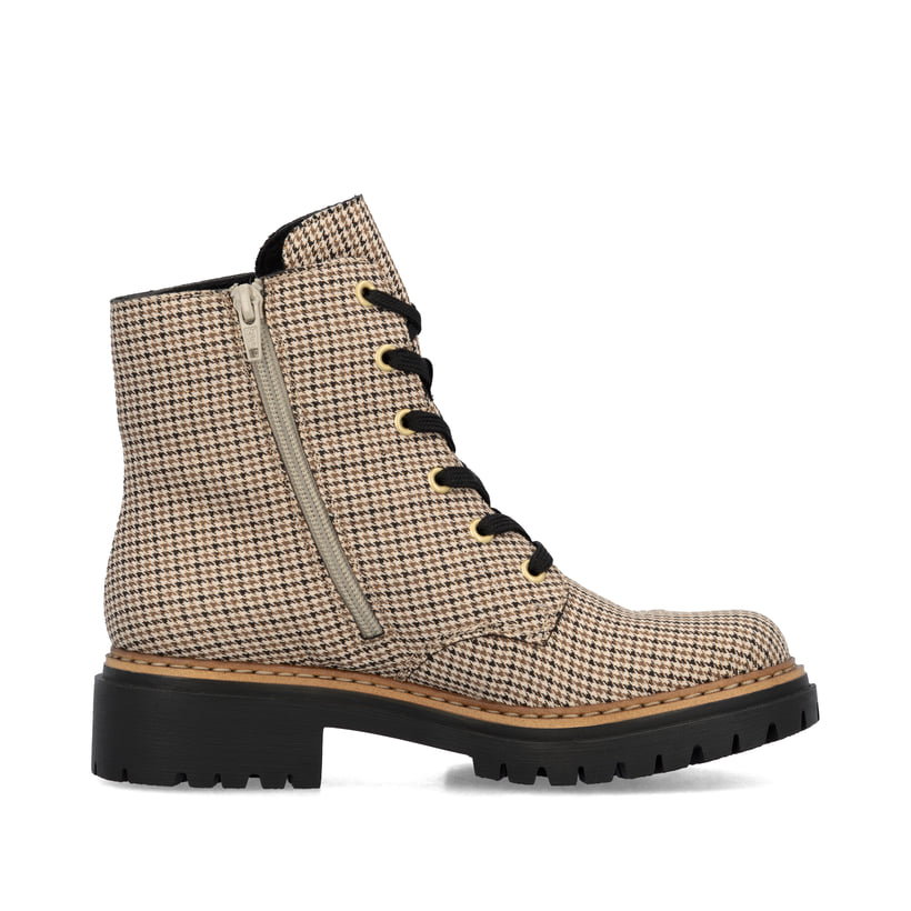 Biker Boots Rieker beiges femme 72617-60 avec motif Ã  carreaux Ã  la mode. Chaussure vue de l'arrière.
