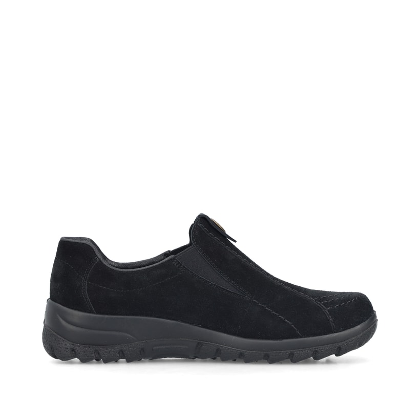 Tiefschwarze Rieker Damen Slipper L7171-00 mit einer schockabsorbierenden Sohle. Schuh von hinten