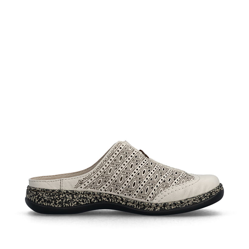 Beige Rieker Damen Clogs 46376-60 aus Glattleder mit eleganten Zierlochungen. Schuh Innenseite.