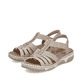 Beige Rieker Damen Riemchensandalen 66201-62 mit Schmuckelementen sowie Gummizug. Schuhpaar seitlich schräg.