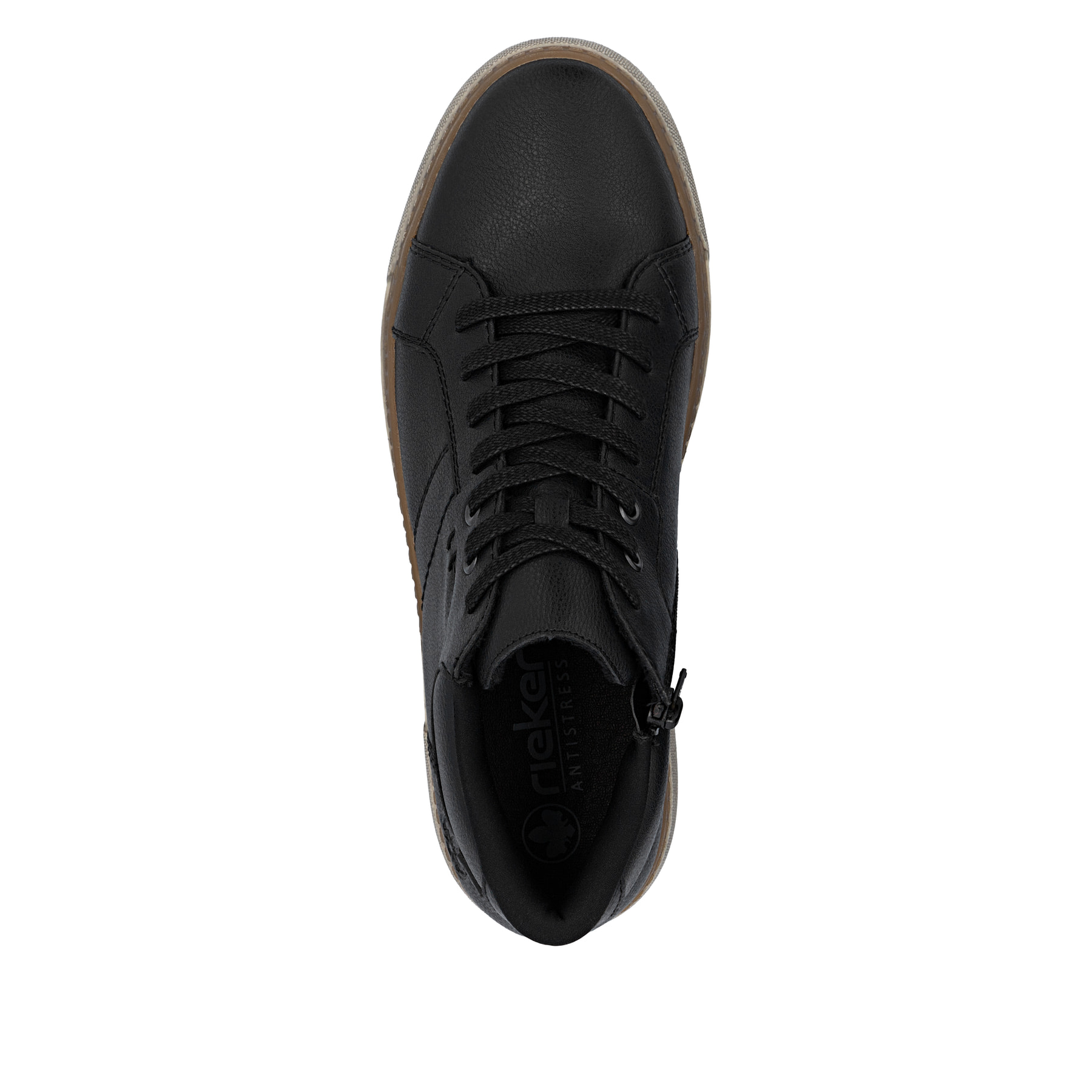 Schwarze Rieker Herren Schnürstiefel 17905-00 aus Glattleder mit Reißverschluss. Schuh von oben.