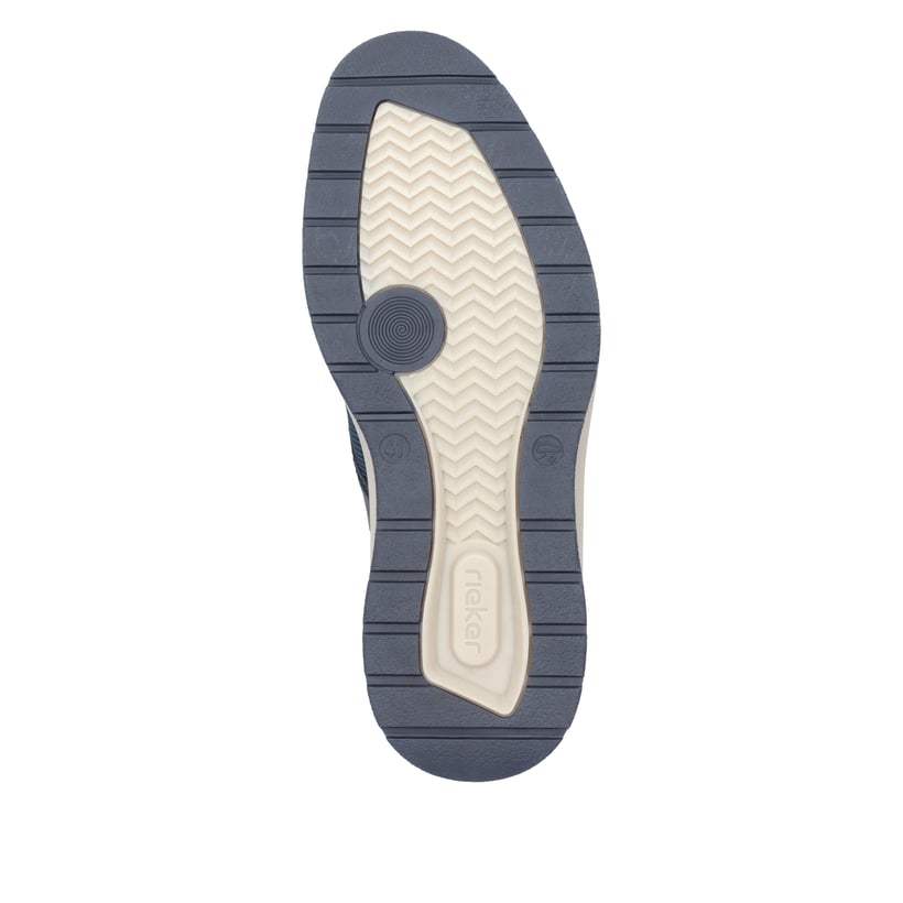 Mocassins Rieker bleus pour homme 14750-14 avec bande élastique. Semelle extérieure de la chaussure.