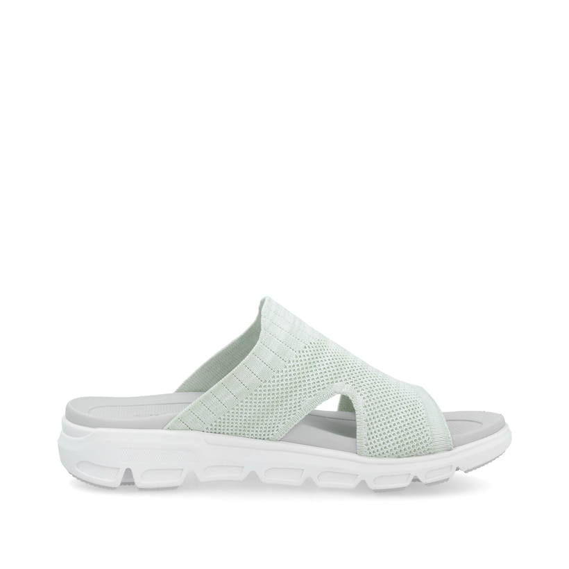Rosane waschbare Rieker Damen Pantoletten V8451-53 mit einem Gummizug. Schuh Innenseite.
