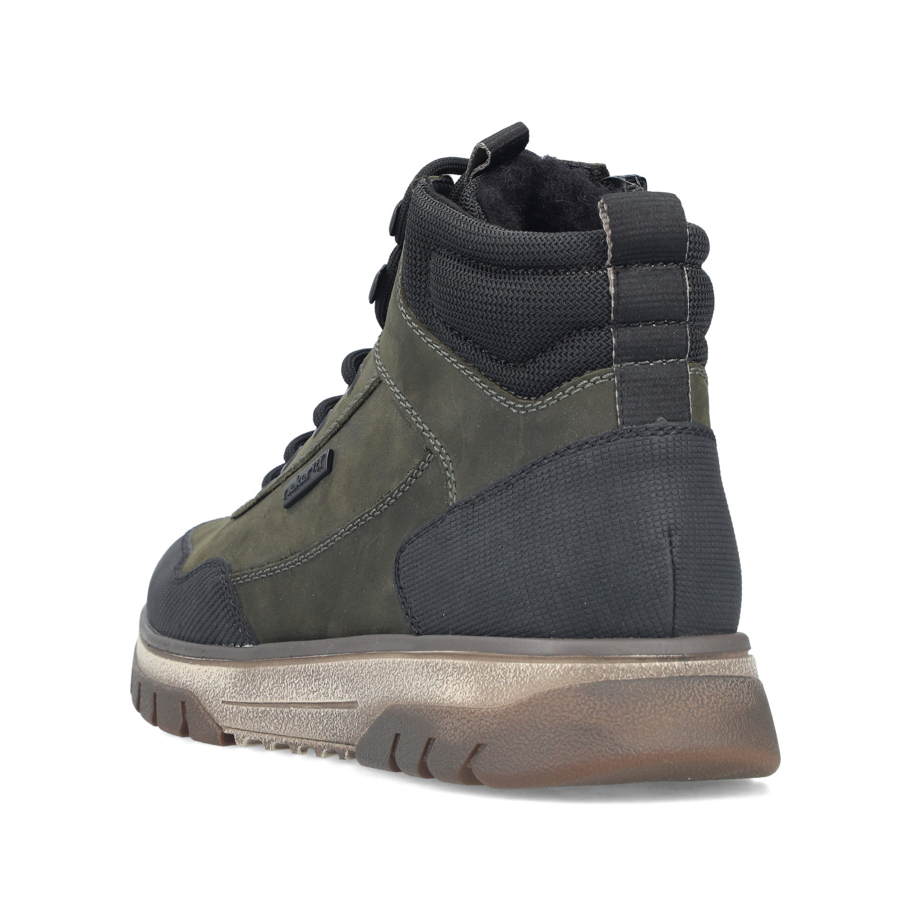 Dunkelgrün-schwarze Rieker Herren Schnürstiefel B9310-54 aus Rauleder. Schuh von hinten.