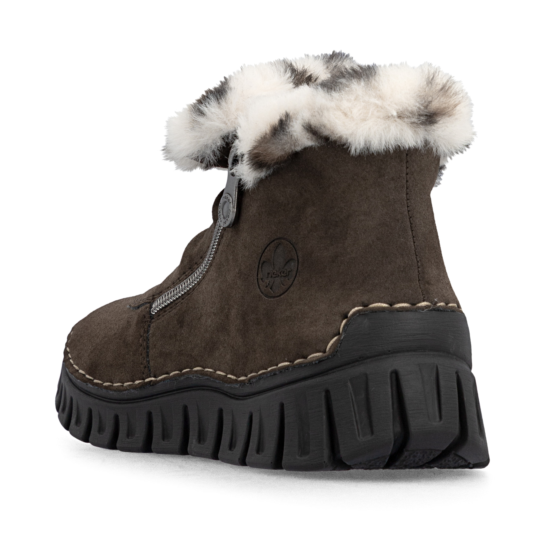 Dunkelbraune Rieker Damen Kurzstiefel 57551-25 mit weichem Kragen. Schuh von hinten.