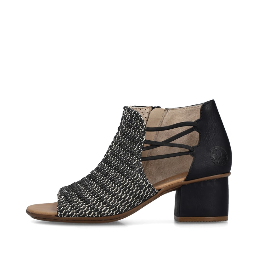Schwarze Rieker Riemchensandaletten 64697-00 mit einem Reißverschluss. Schuh Außenseite.