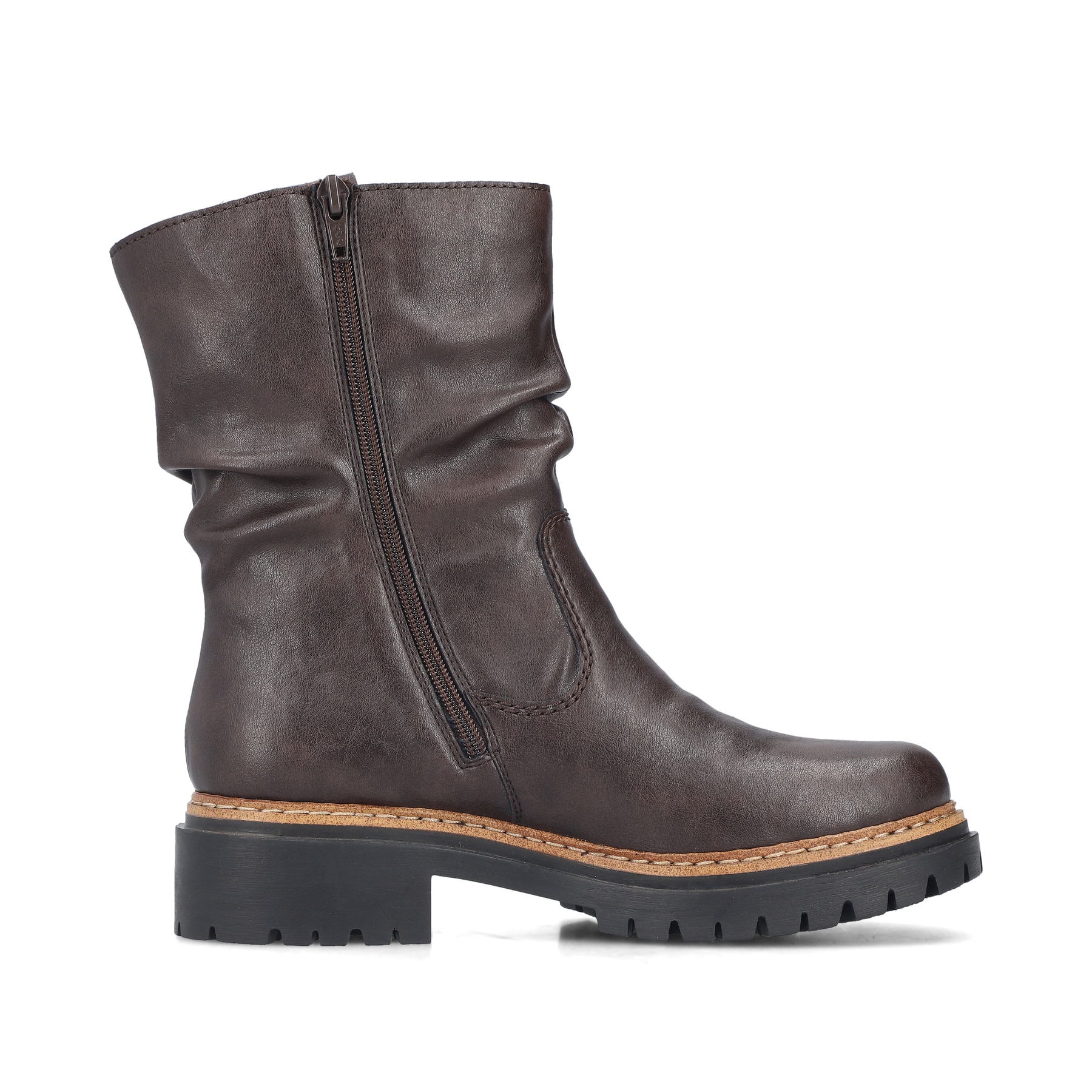 Dunkelbraune Rieker Damen Kurzstiefel 72684-25 mit gerafftem Schaft. Schuh Innenseite.