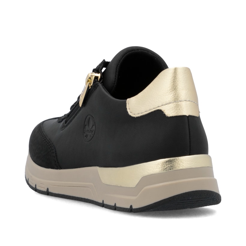Schwarze Rieker Damen Sneaker Low 58923-00 mit einem Reißverschluss. Schuh von hinten.
