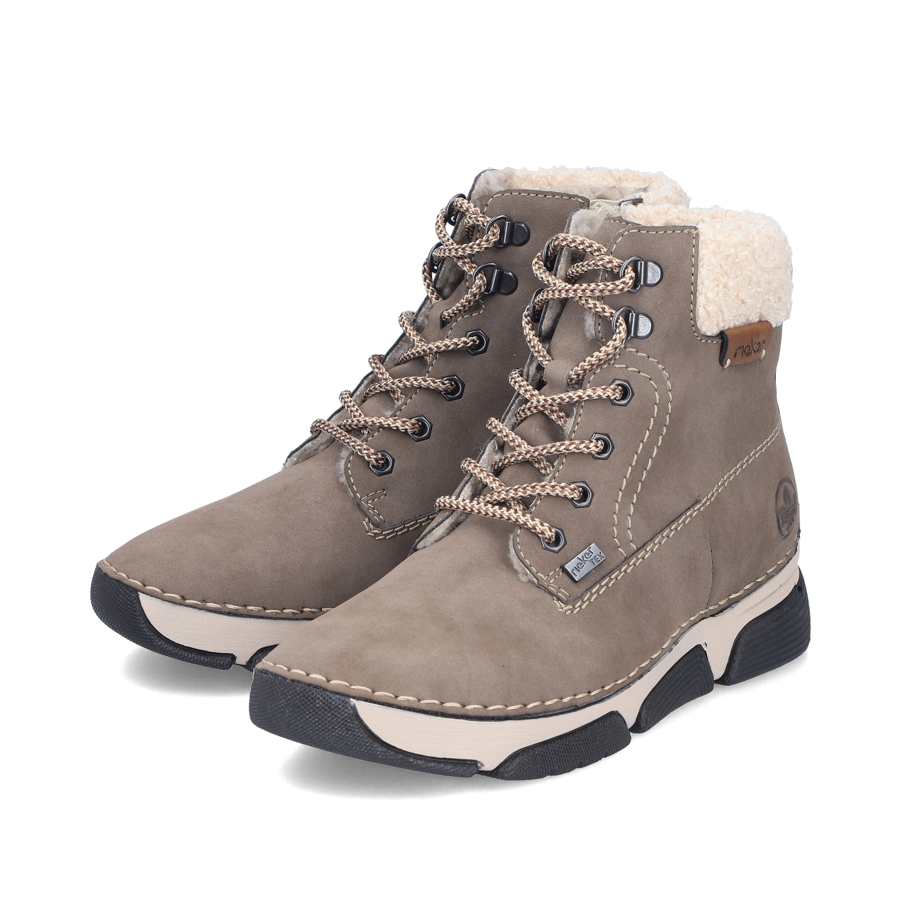 Grau-beige Rieker Damen Schnürstiefel 45925-25 mit wasserabweisender TEX-Membran. Schuhpaar seitlich schräg.