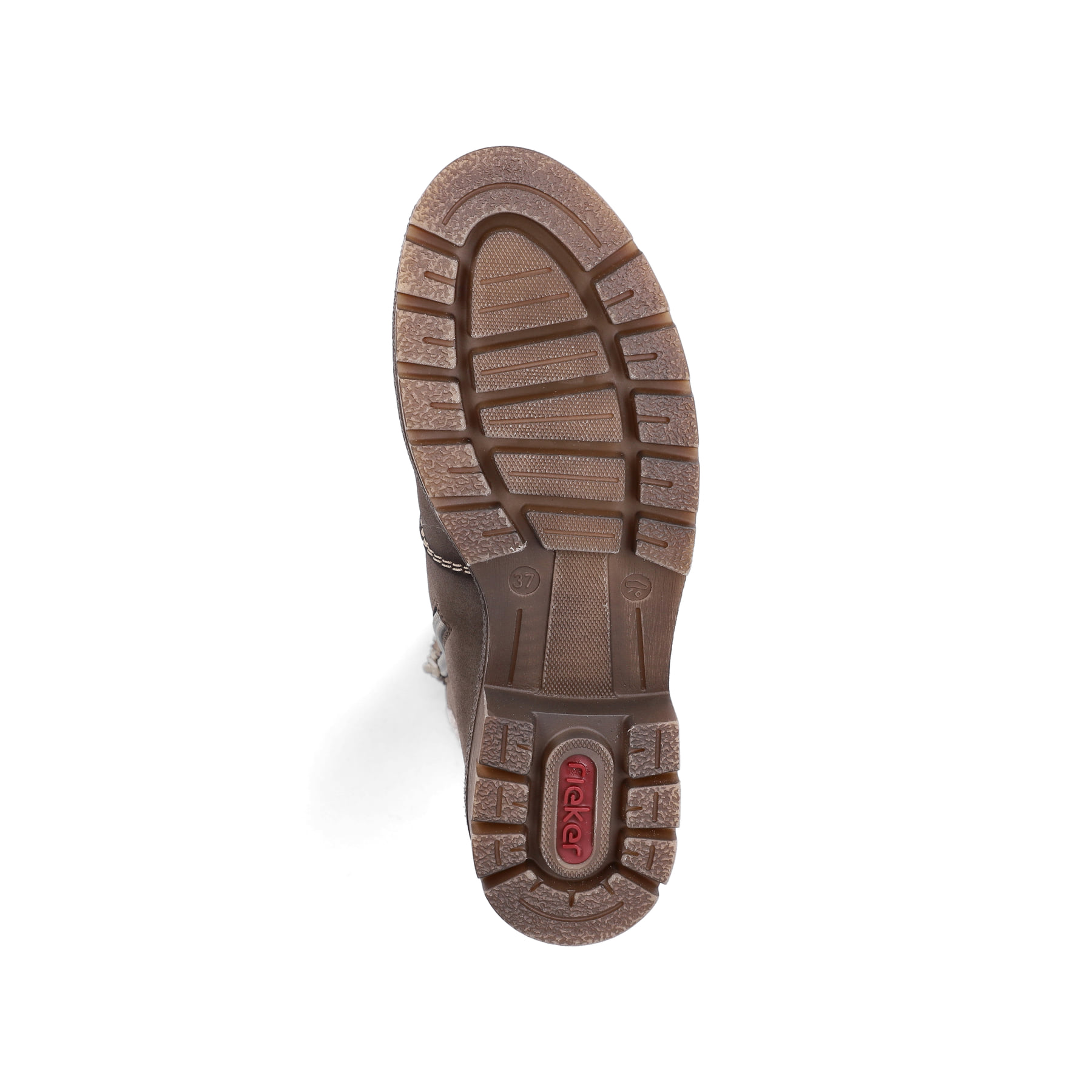 Braun-beige Rieker Damen Schnürstiefel Y8119-25 mit Teddyfell-Kragen. Schuh Laufsohle.