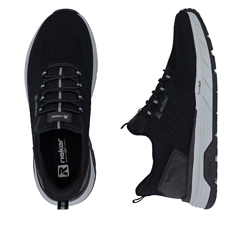 Schwarze Rieker Herren Slipper 06153-00 mit easy Hineinschlüpf-Möglichkeit. Schuh von oben, liegend.