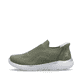 Grüne Rieker Damen Slipper M5072-52 mit Gummizug sowie einer ultraleichten Sohle. Schuh Außenseite.