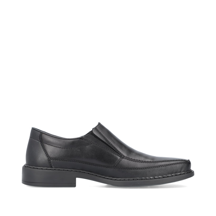 Schwarze Rieker Herren Slipper B0873-00 mit Elastikeinsatz sowie Extraweite H. Schuh Außenseite gespiegelt.