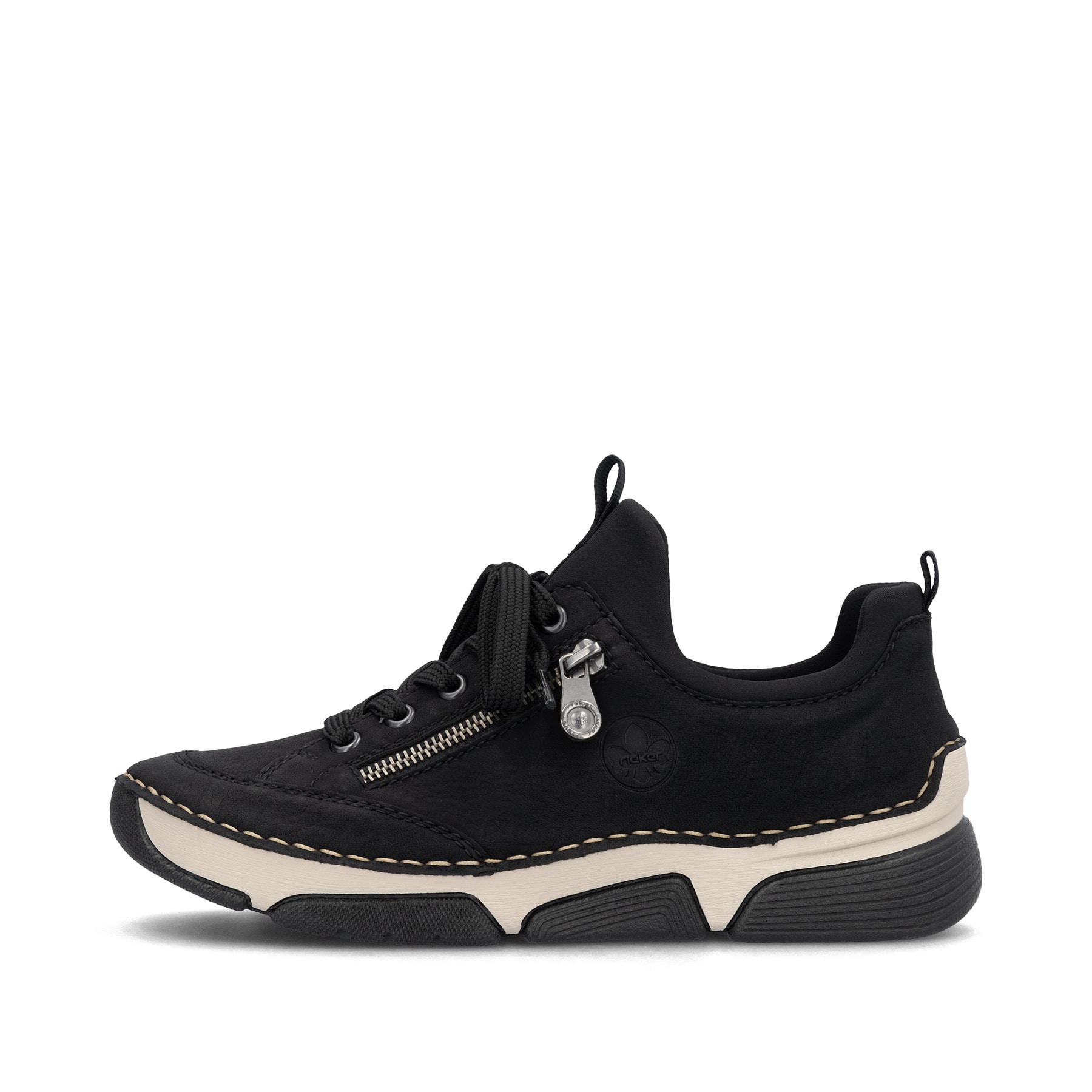 Mocassins Rieker noirs pour femme 45973-00 avec bande élastique. Côté extérieur de la chaussure.