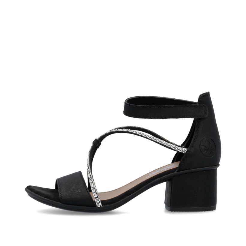 Schwarze Rieker Riemchensandaletten 64654-00 mit einem Klettverschluss. Schuh Außenseite.