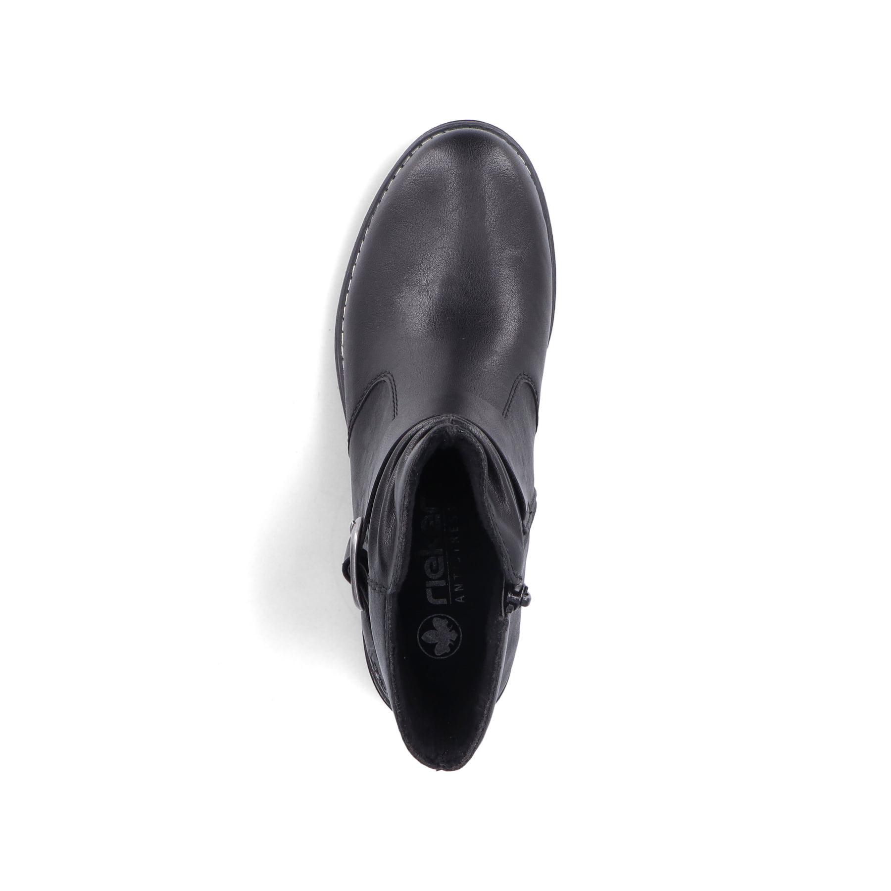 Biker Boots Rieker noires pour femme 79462-00 avec boucle décorative. Semelle extérieure de la chaussure.