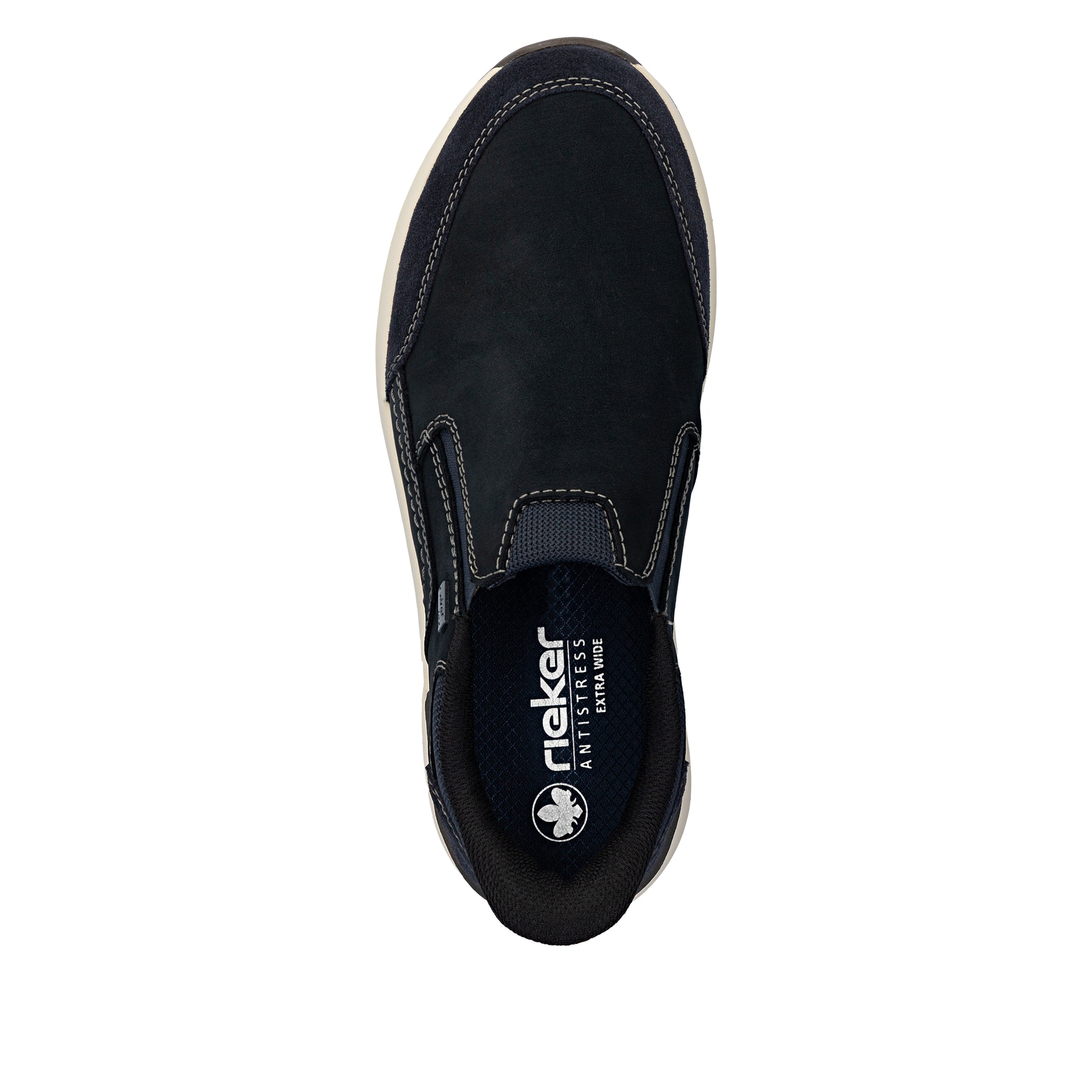 Mocassins Rieker bleus pour homme 11551-14 en cuir suédé. Semelle extérieure de la chaussure.