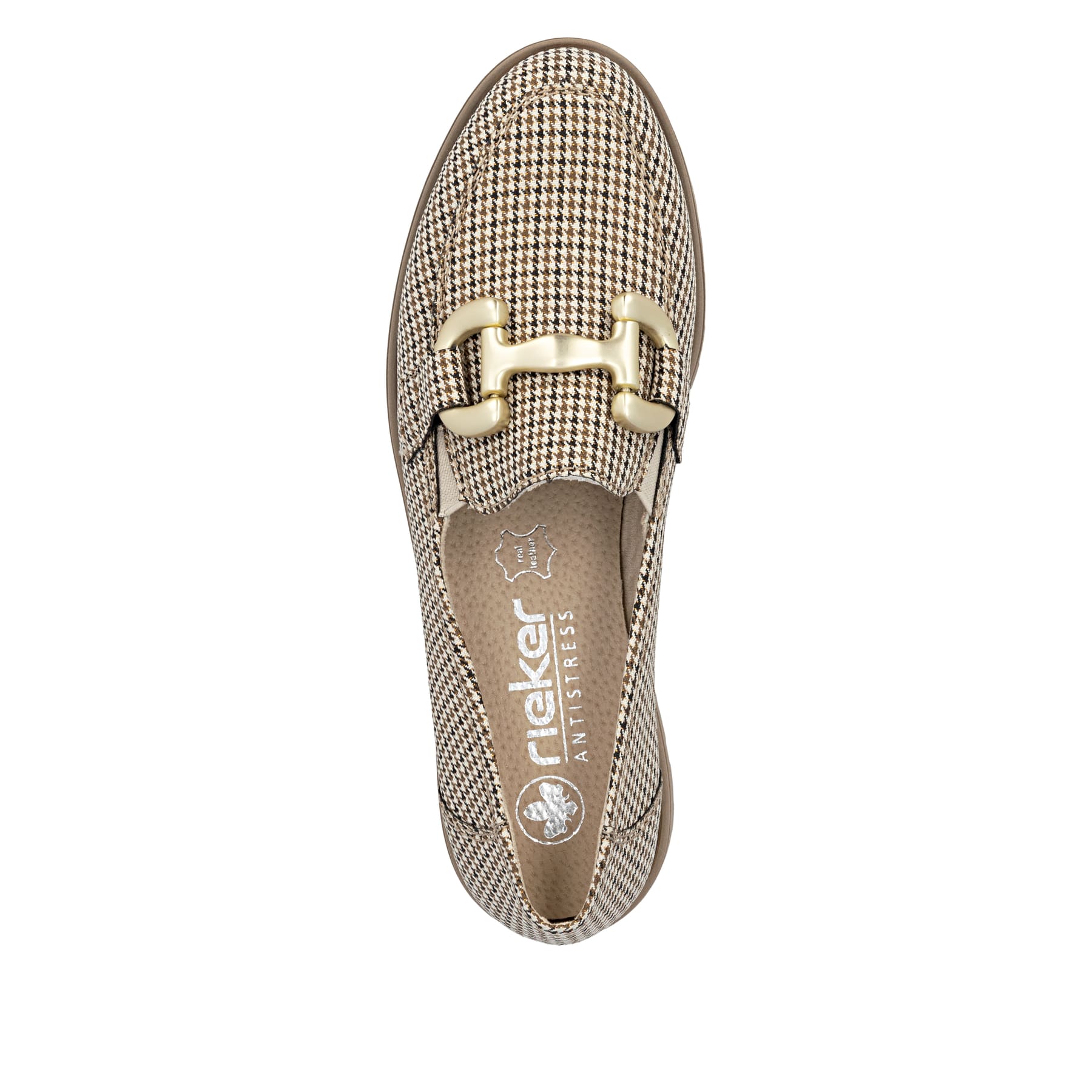 Mocassins Rieker beiges pour femmes 45561-60 avec éléments décoratifs. Chaussure vue de dessus.