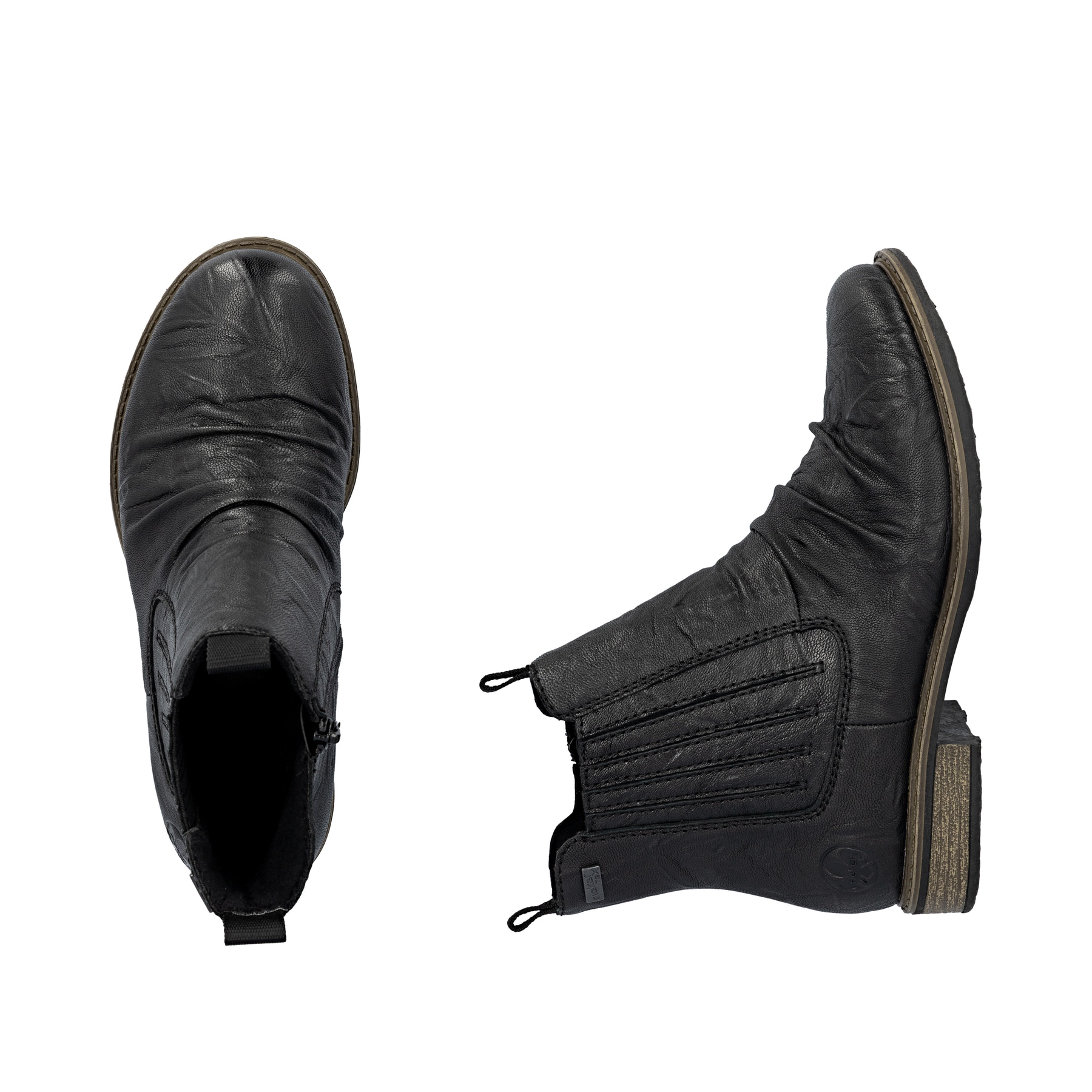 Schwarze Rieker Damen Chelsea Boots 74855-00 aus Glattleder. Schuh von oben, liegend.