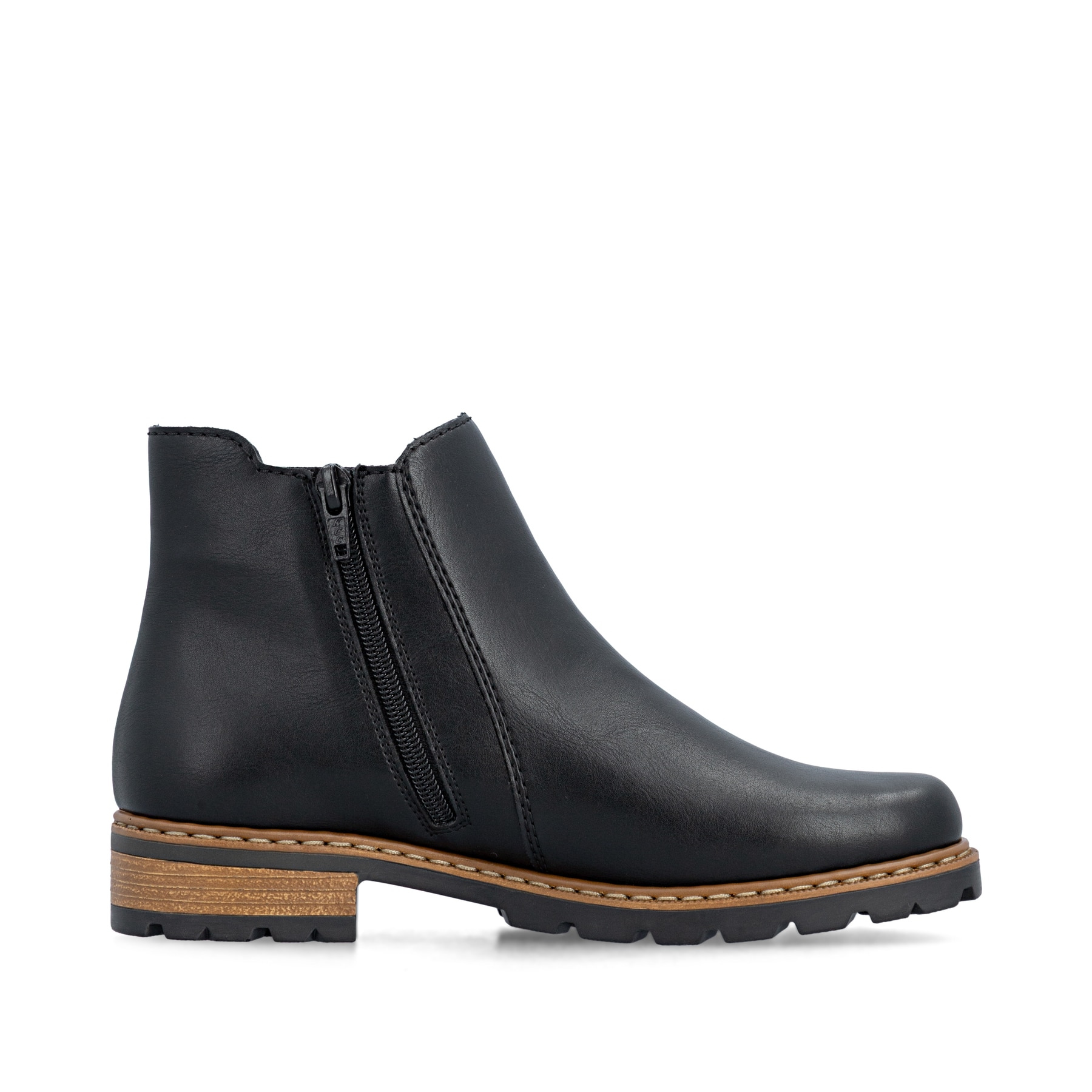 Schwarze Rieker Damen Schnürstiefel Z9340-00 mit einem Reißverschluss. Schuh Innenseite.
