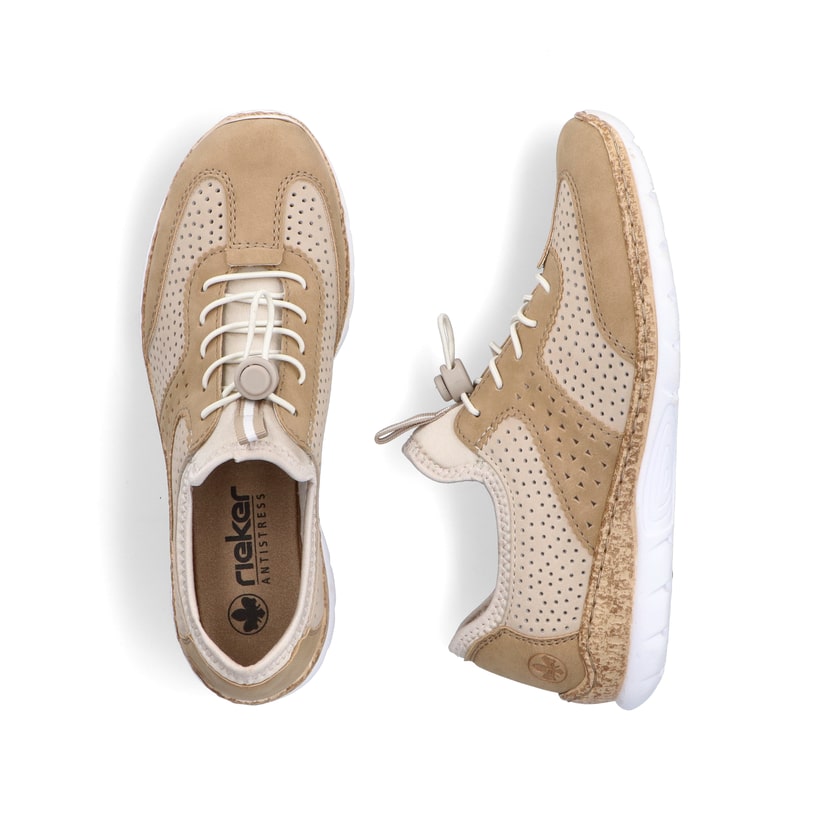 Beige Rieker Damen Slipper N4245-60 mit einem Gummizug. Schuh von oben, liegend.