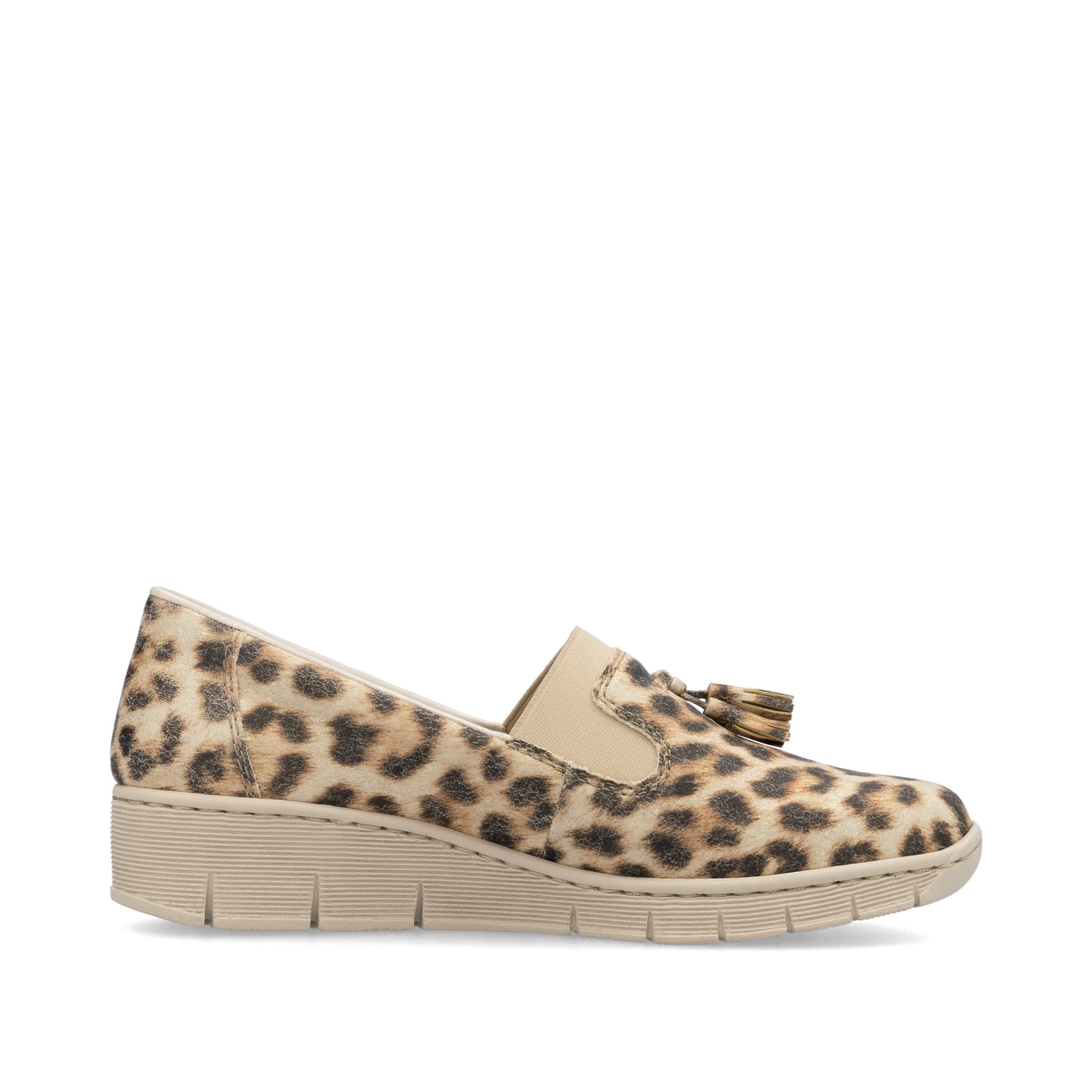 Beige Rieker Damen Loafer 53751-20 mit einem Gummizug sowie schmaler Passform E. Schuh Innenseite.