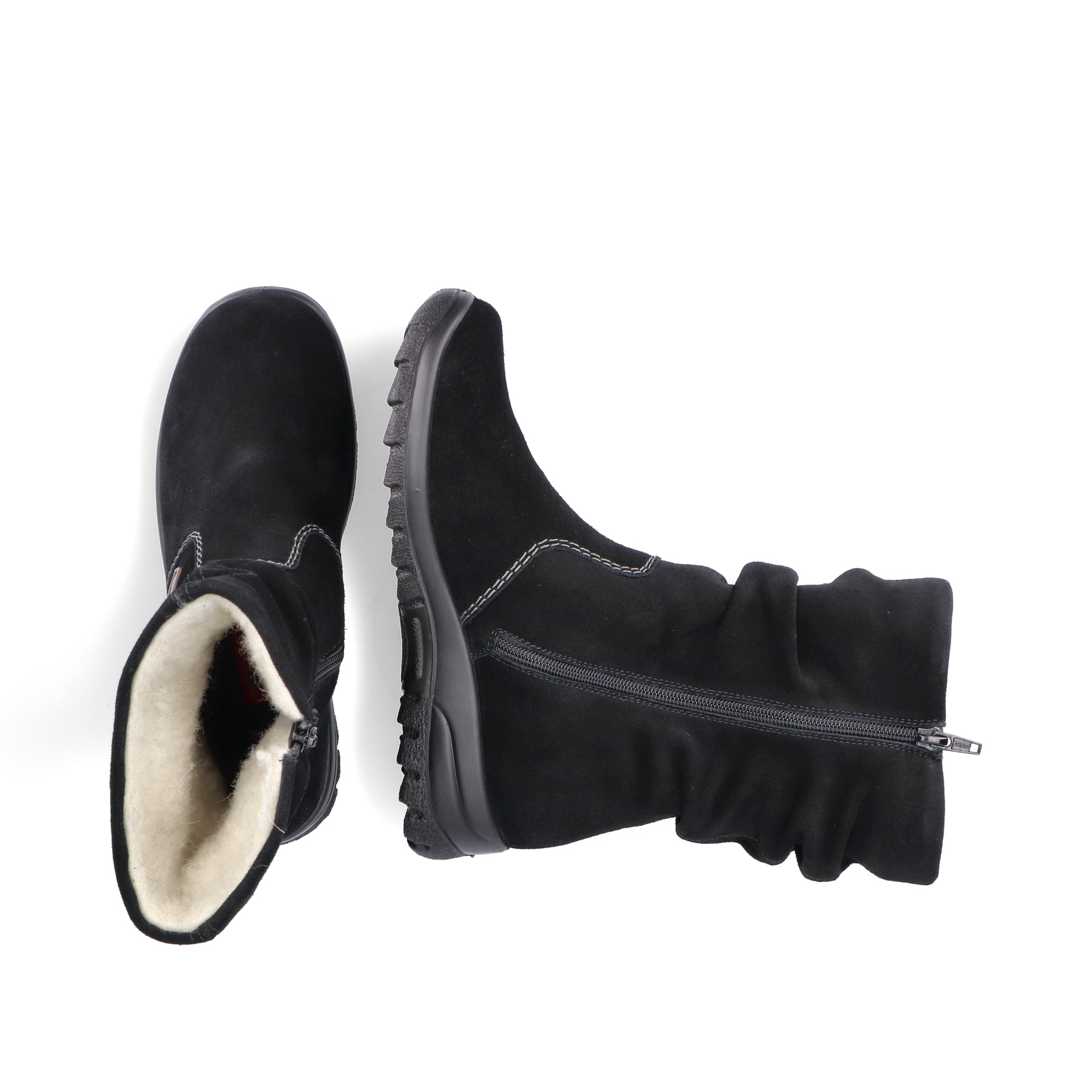 Schwarze Rieker Damen Kurzstiefel Z7171-01 aus Rauleder. Schuh von oben, liegend.
