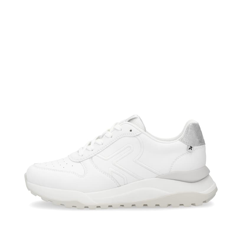 Weiße Rieker Damen Sneaker Low W2502-80 mit Schnürung sowie super leichter Sohle. Schuh Außenseite.