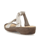 Beige Rieker Damen Pantoletten 60885-62 in Löcheroptik mit einem Klettverschluss. Schuh von hinten.