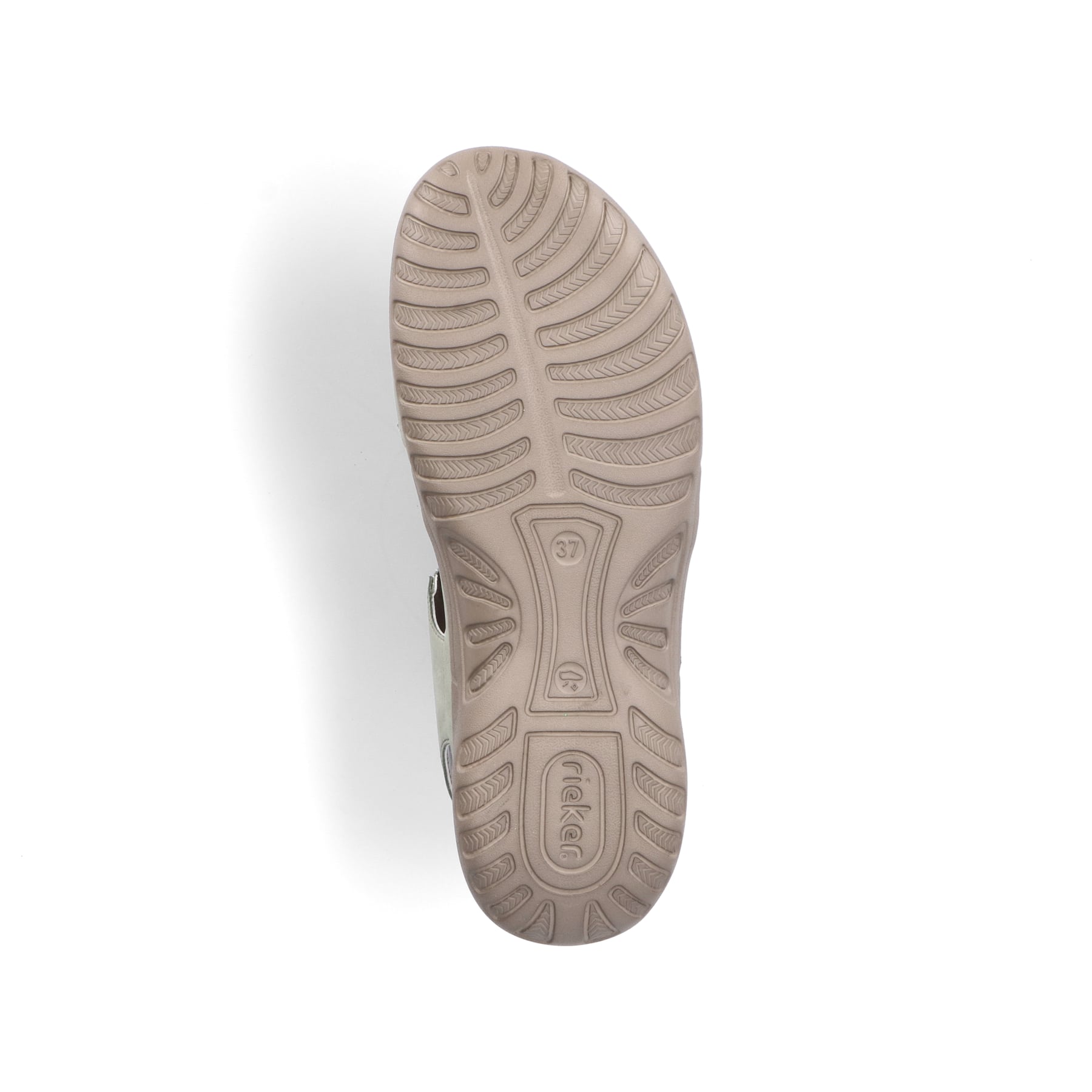 Grüne vegane Rieker Damen Trekkingsandalen 64870-52 mit einem Klettverschluss. Schuh Laufsohle.