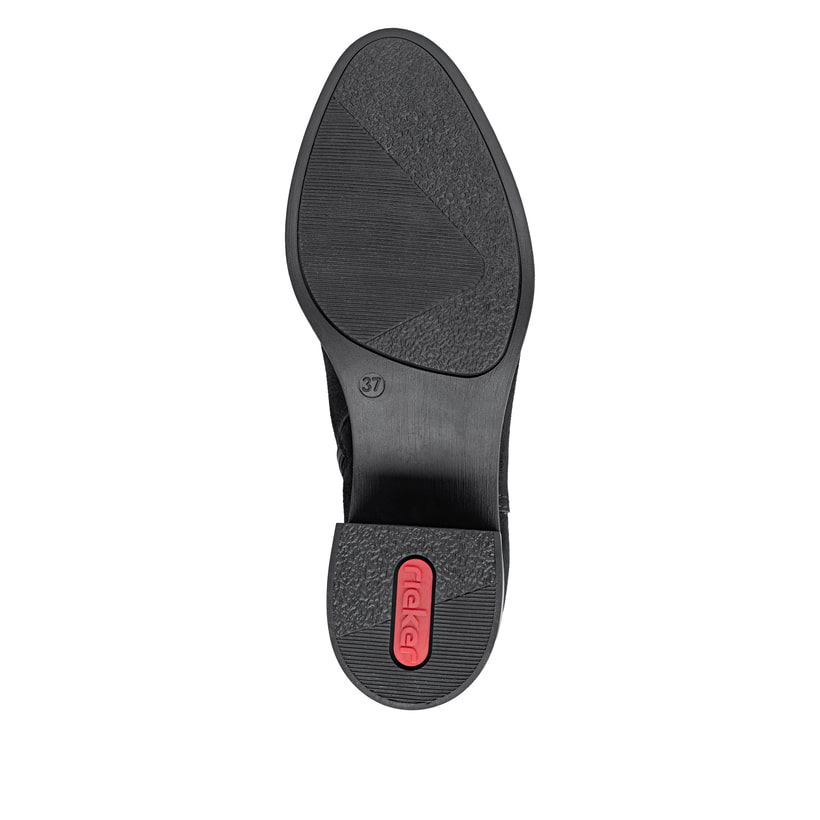 Schwarze Rieker Damen Hochschaftstiefel 74192-00 mit gerafftem Schaft. Schuh Laufsohle.