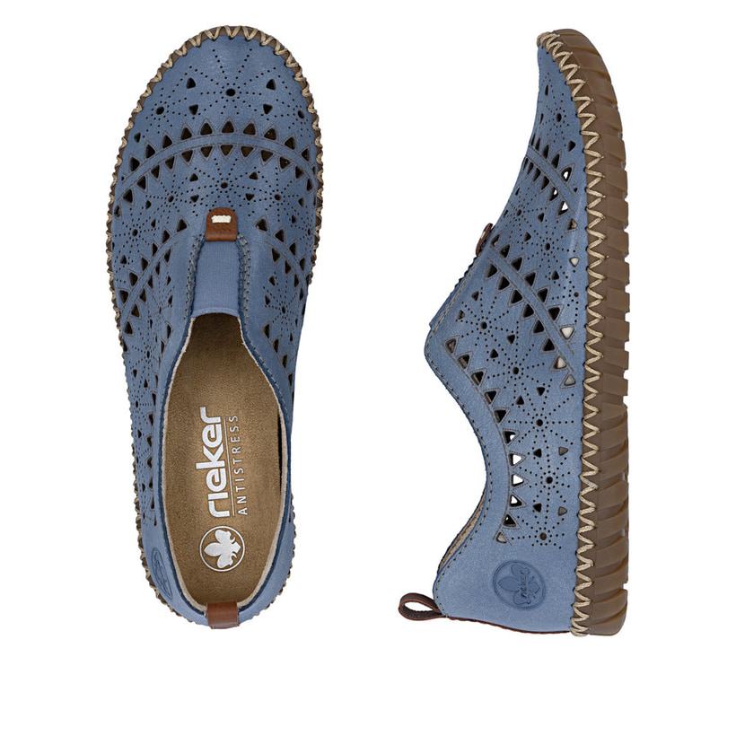 Blaue Rieker Damen Slipper M2852-12 aus Glattleder, Barfußschuhe. Schuh von oben, liegend.