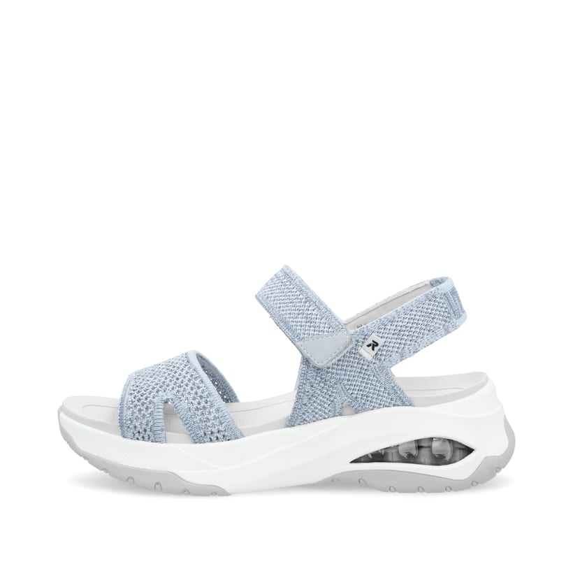 Blaue vegane Rieker Damen Trekkingsandalen W3152-10 mit einem Klettverschluss. Schuh Außenseite.