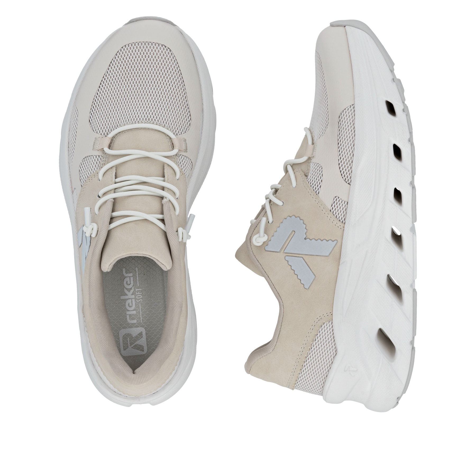 Beige Rieker Damen Sneaker Low W3500-60 mit Schnürung sowie ultraleichter Sohle. Schuh von oben, liegend.