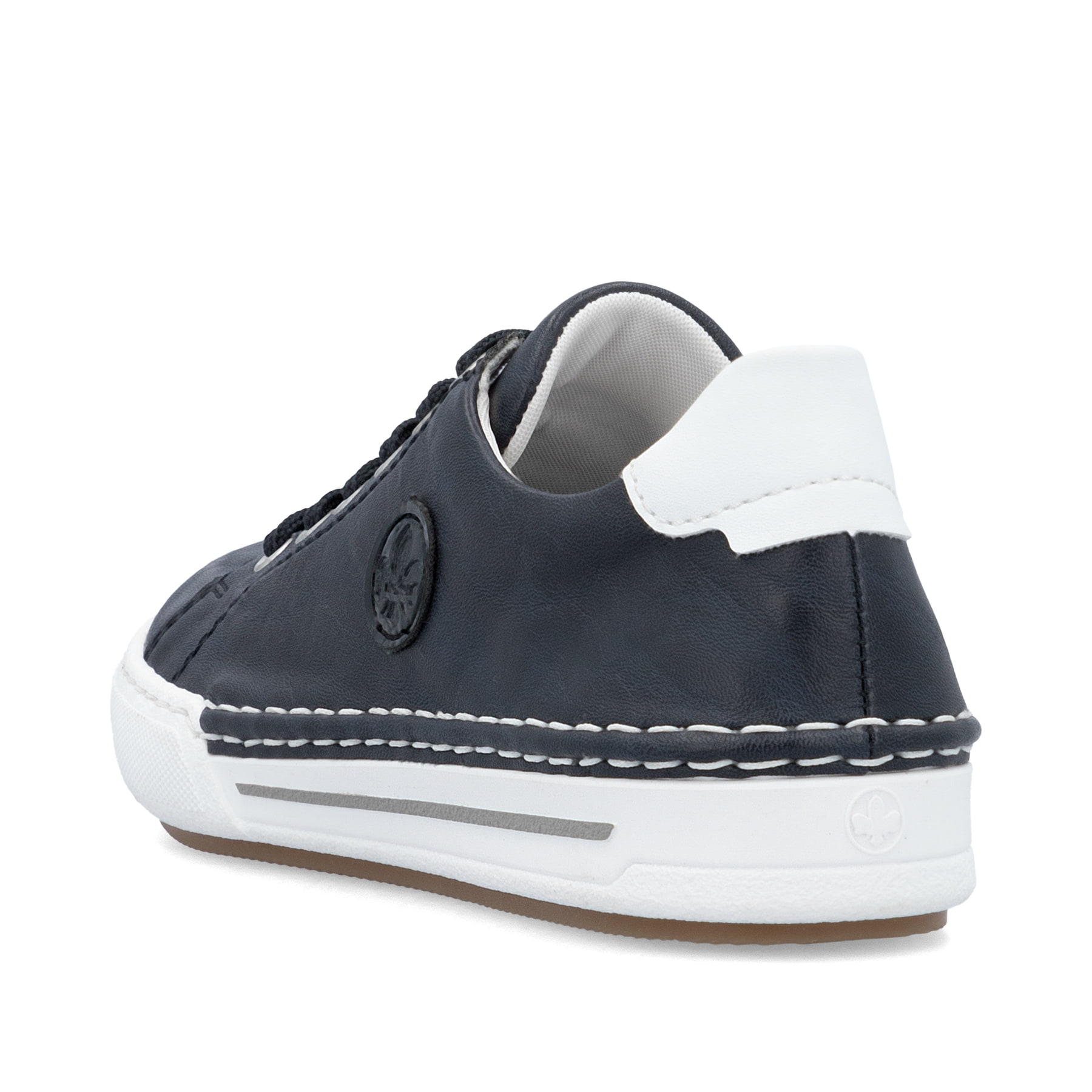 Blaue Rieker Damen Schnürschuhe L7210-14 mit einer herausnehmbaren Einlegesohle. Schuh von hinten.