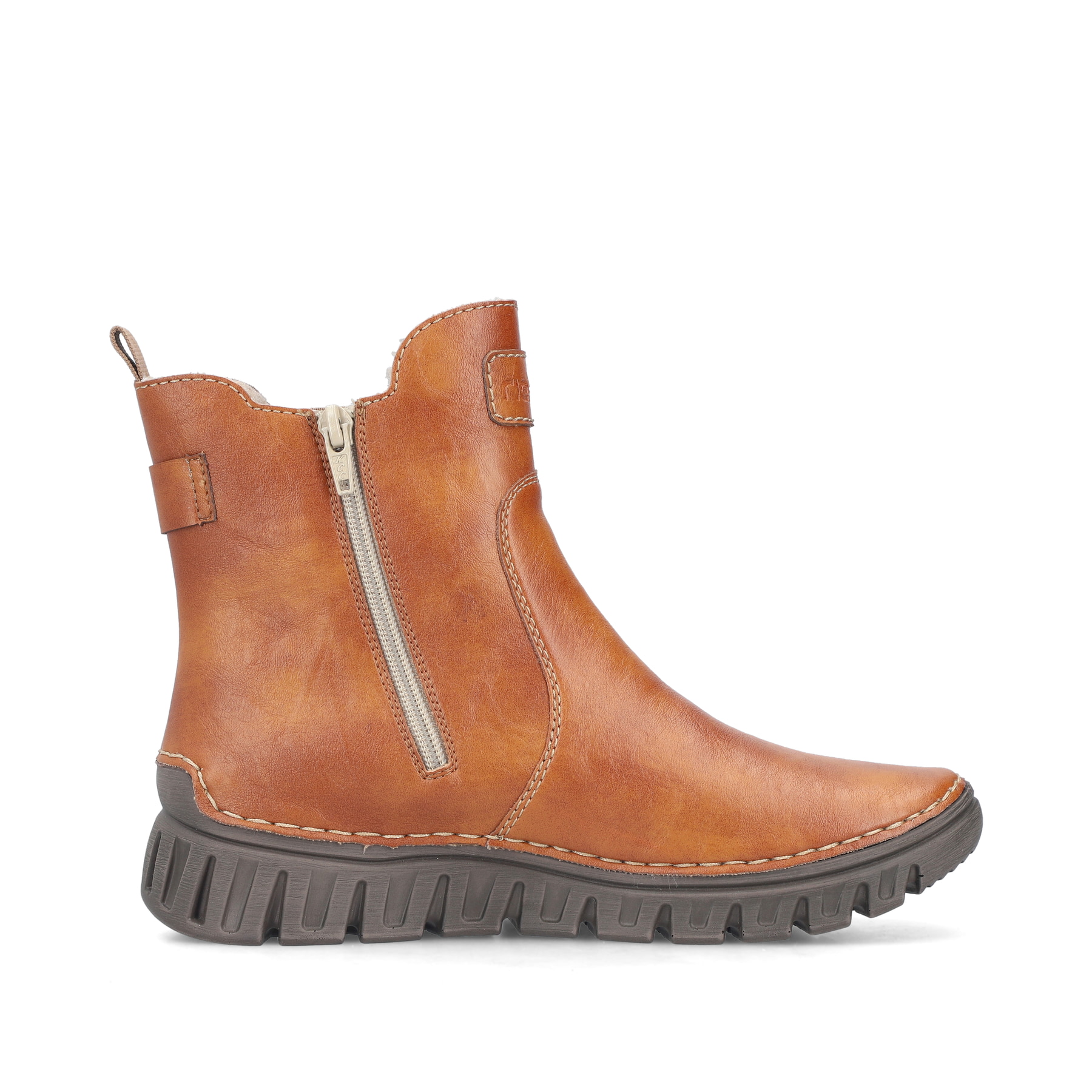 Braune Rieker Damen Chelsea Boots 57560-24 mit einem Reißverschluss. Schuh Innenseite.