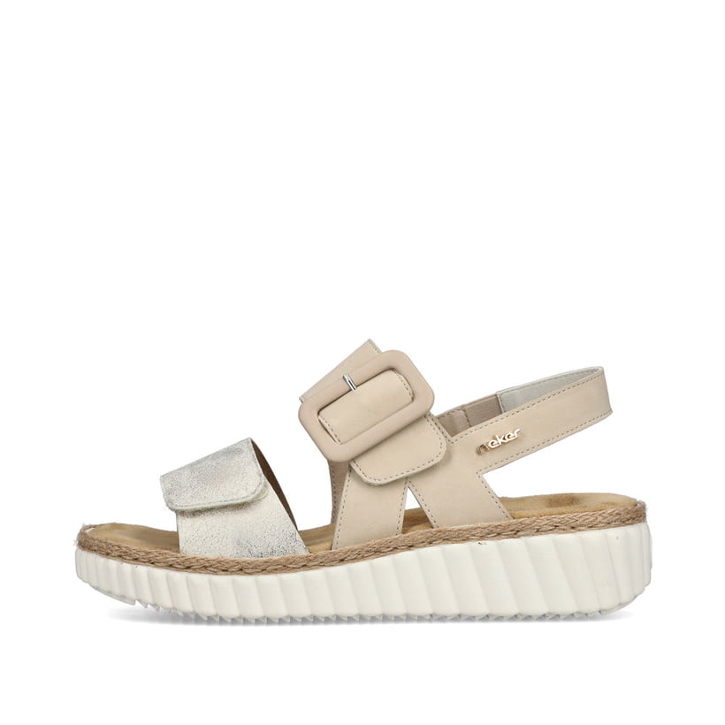 Beige Rieker Keilsandaletten 69260-60 mit trendiger Schnalle. Schuh Außenseite.
