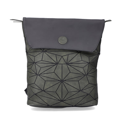 Rieker Damen Rucksack H1391-54 in Olivgrün-Stahlschwarz aus Kunstleder mit Magnetverschluss. Rucksack Vorderseite.